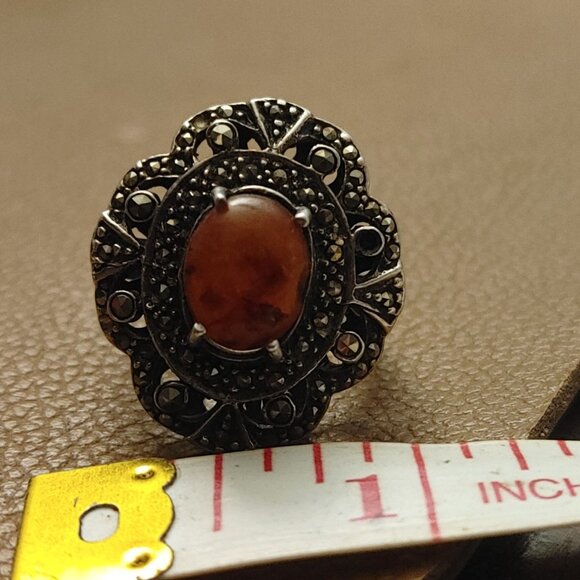 Filigree Ring Size 6 Baltic Amber Sterling Silver 925 Vintage Antique Style - Picture 5 of 15